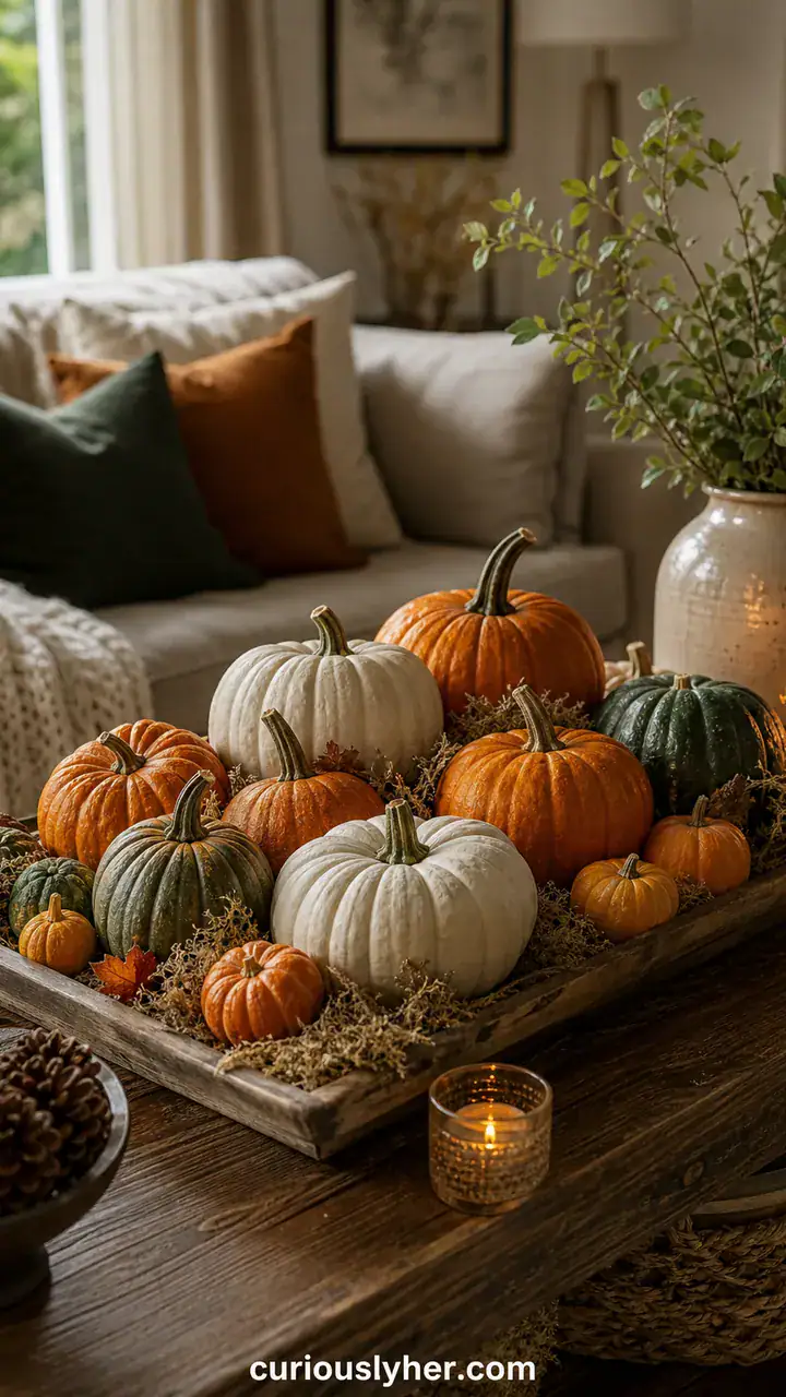 17. A Pumpkin Patch Coffee Table With Cream, Orange, and Green Gourds