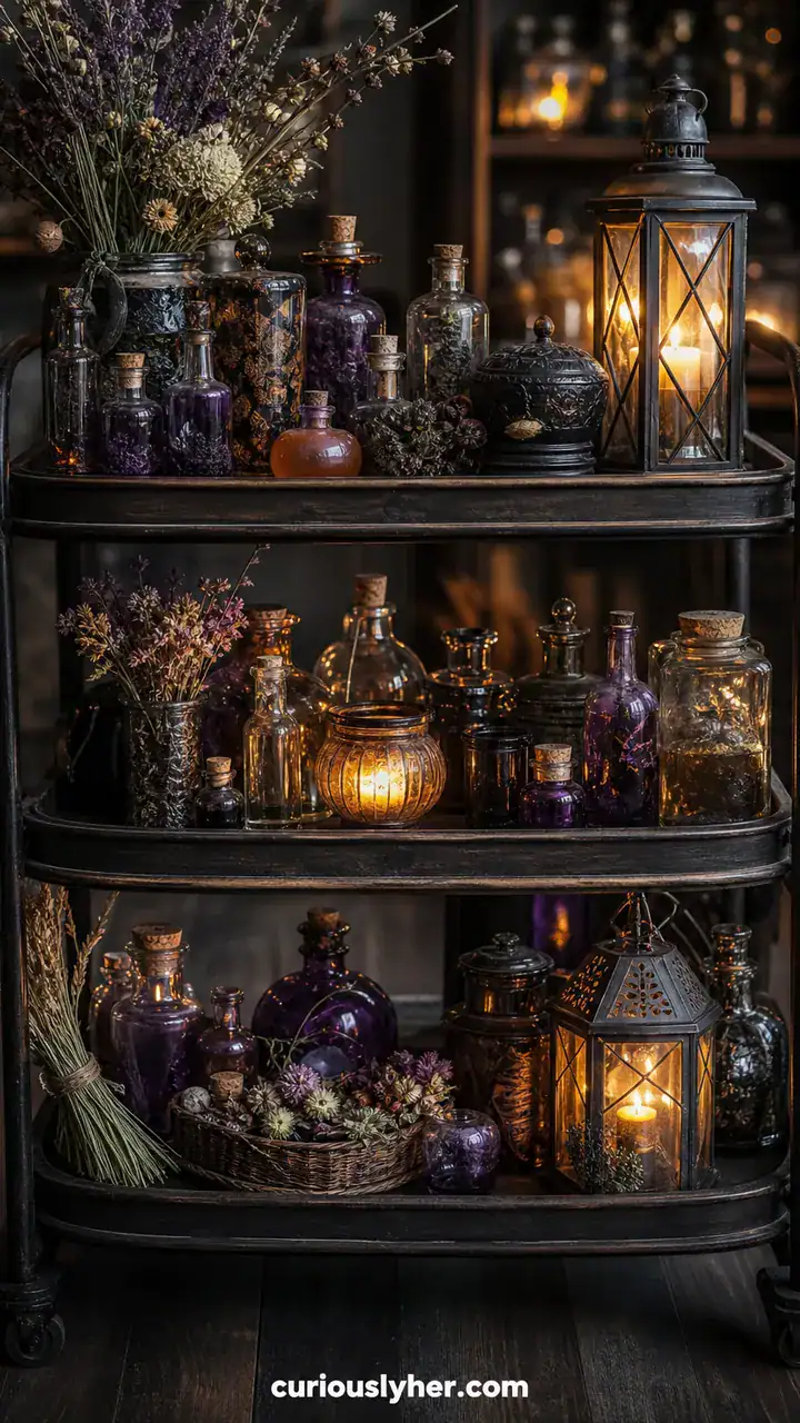 18. A Spooky Apothecary Cart With Potion Bottles, Dried Flowers, and Glowing Lanterns