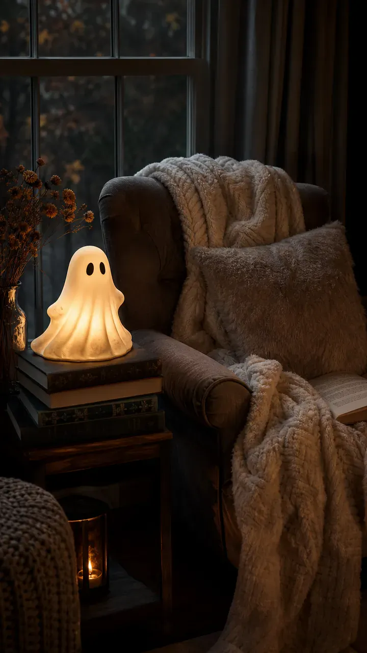19. A Cozy Reading Nook With a Ghost Lantern, Fuzzy Throw, and Stack of Spooky Books