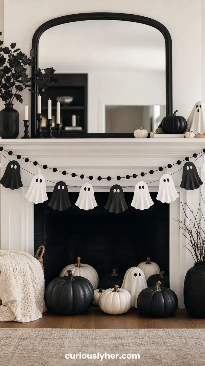 1. A Black and White Ghost Mantel Display With Paper Garlands Across the Fireplace
