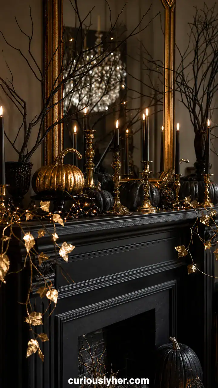 6. A Gold and Black Halloween Mantle With Shiny Candlesticks and Dark Branches