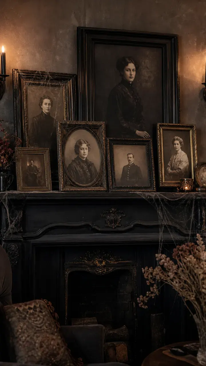 7. A Vintage Spooky Portrait Mantel With Mismatched Frames Leaning Against the Wall