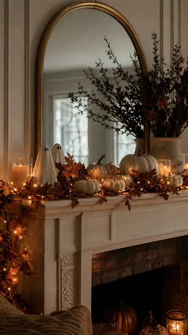 8. A Cozy Fall Halloween Mantle With Warm Garlands and Little White Pumpkins