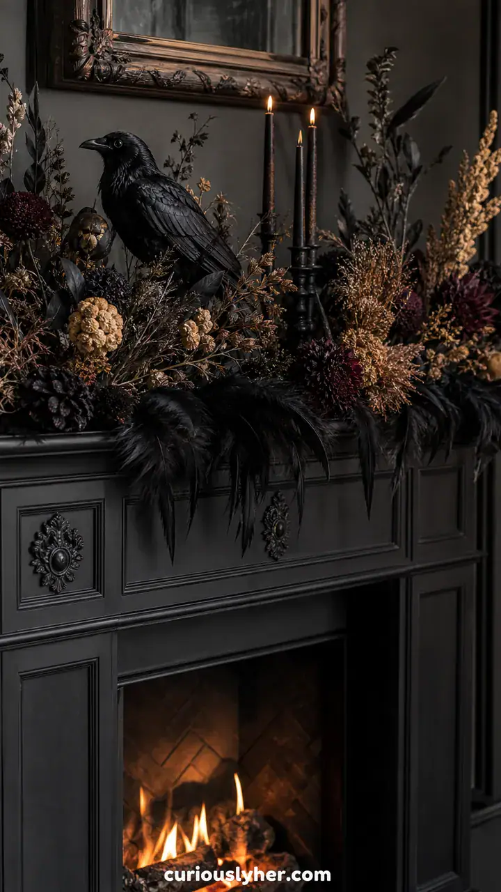 11. A Black Feather and Raven Fireplace Mantle With Moody Dried Flowers