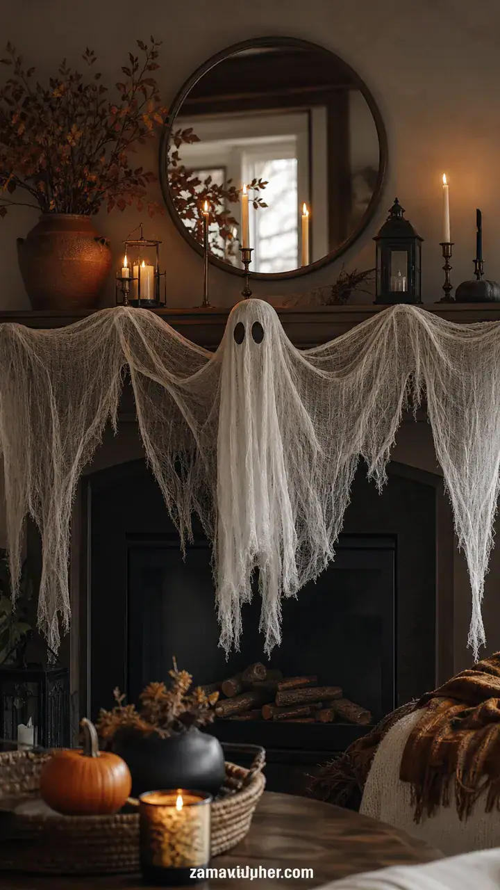 12. A Floating Cheesecloth Ghost Mantel Hanging Over the Fireplace Shelf