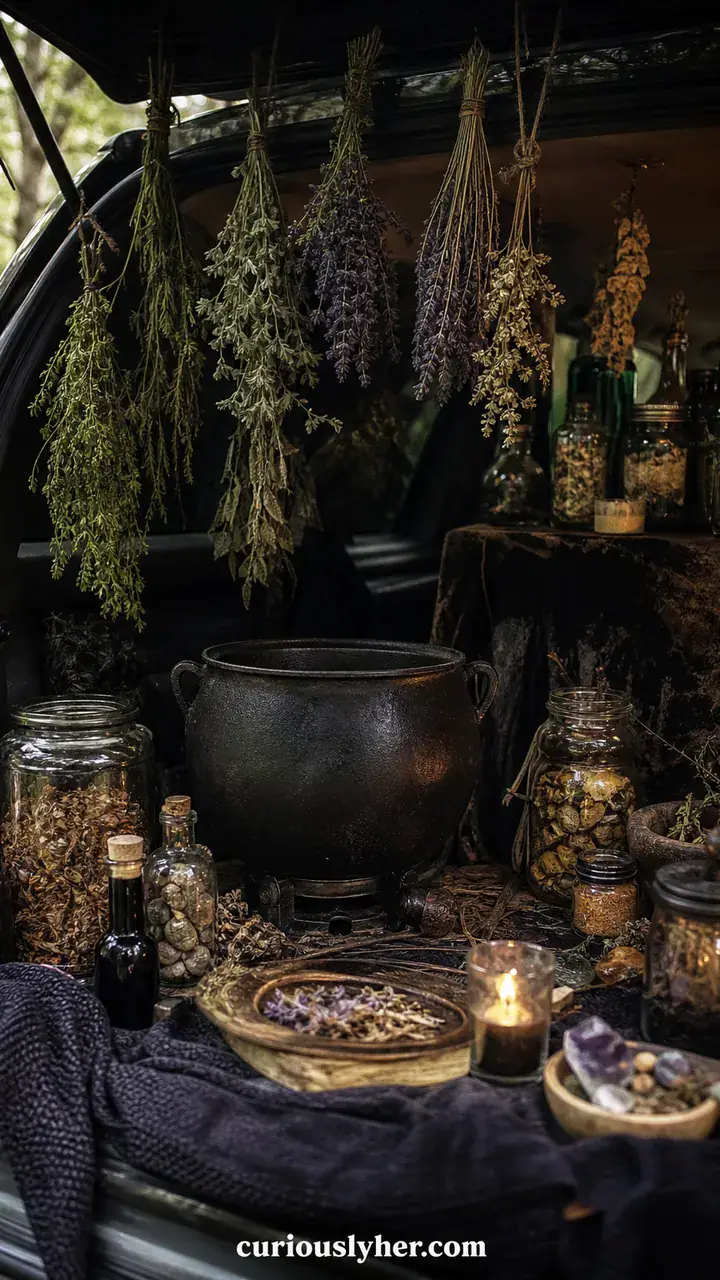 4. A Witch’s Kitchen Car Display With A Cauldron, Hanging Herbs, And Jars Of Weird Stuff