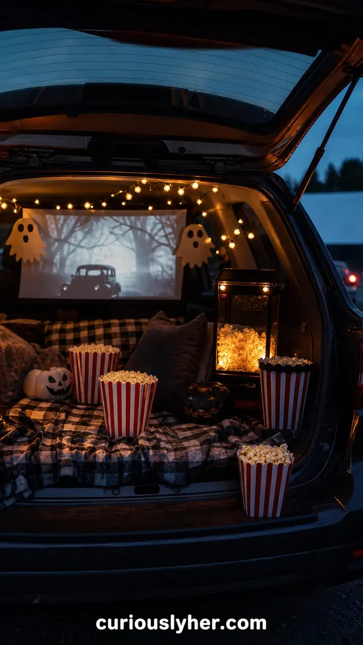 5. A Car Decorated Like A Haunted Drive-In With A Tiny Movie Screen And Popcorn Buckets