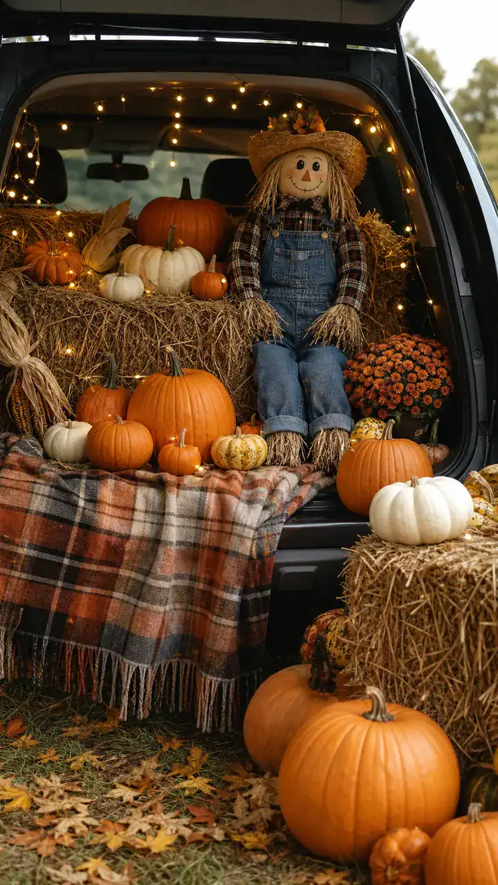 6. A Pumpkin Patch On Wheels With Hay, Pumpkins, And A Scarecrow Sitting In The Trunk