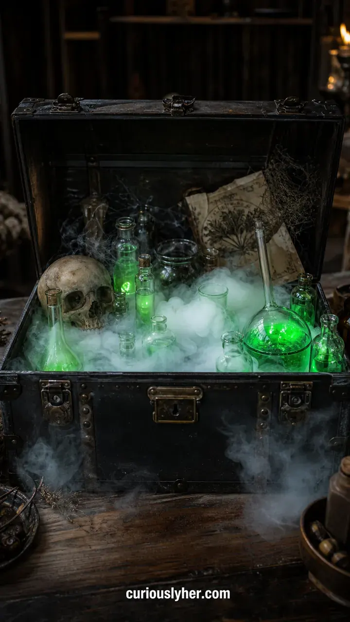 7. A Mad Scientist Lab Trunk With Glowing Green Bottles And Bubbling Dry Ice