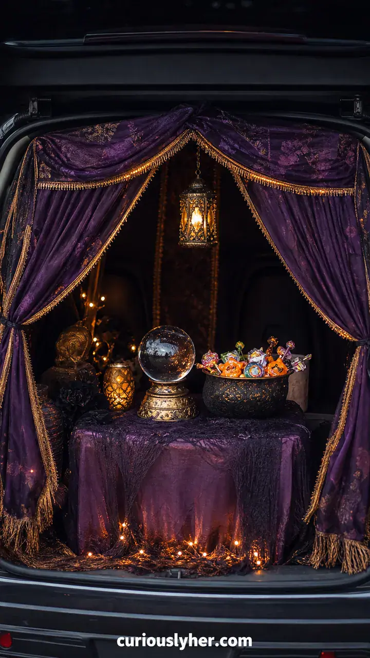 11. A Fortune Teller Tent Car Display With Curtains, A Crystal Ball, And A Bowl Of Candy