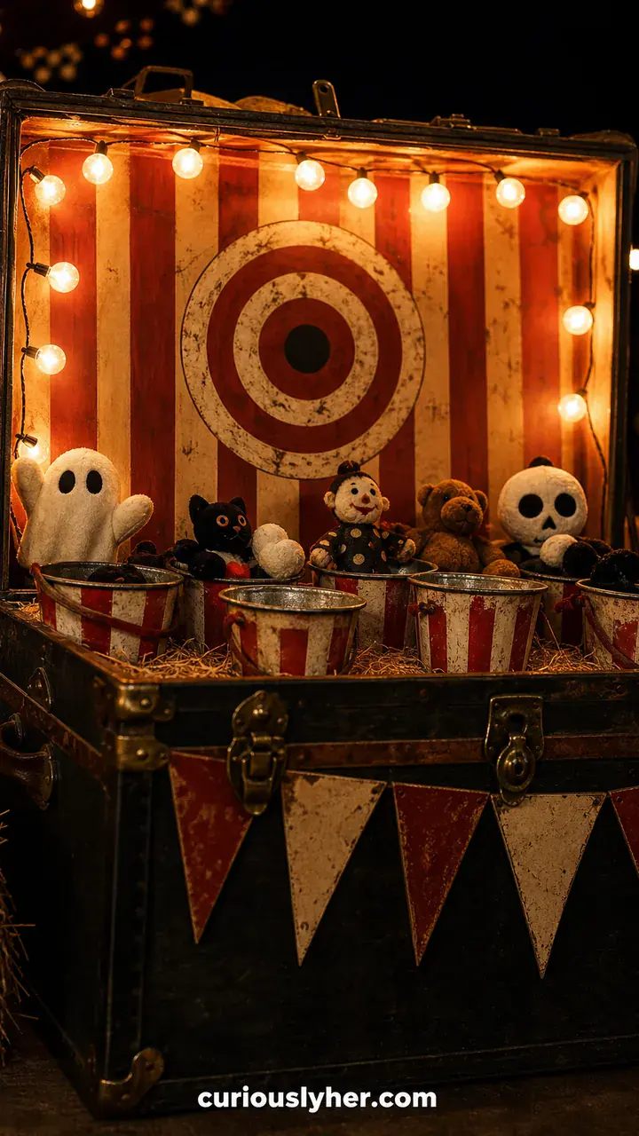 12. A Trunk Dressed Up Like A Creepy Carnival Game With Prize Buckets And String Lights