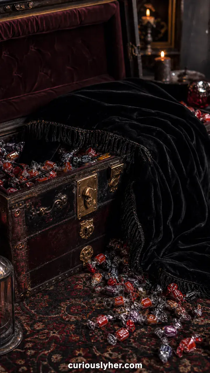 14. A Vampire’s Coffin Trunk With A Black Velvet Blanket And Candy Spilling Out