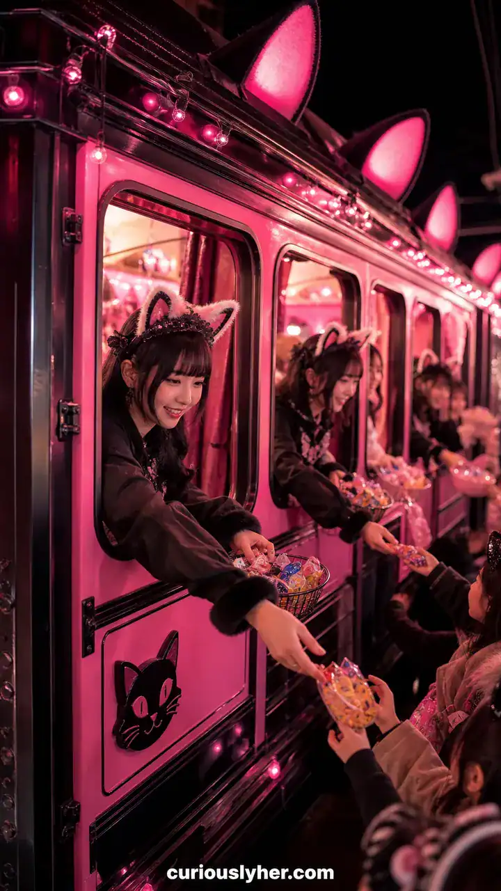 15. A Black Cat Cafe Car Theme With Pink Lights And Cat Ears On Everyone Handing Out Candy