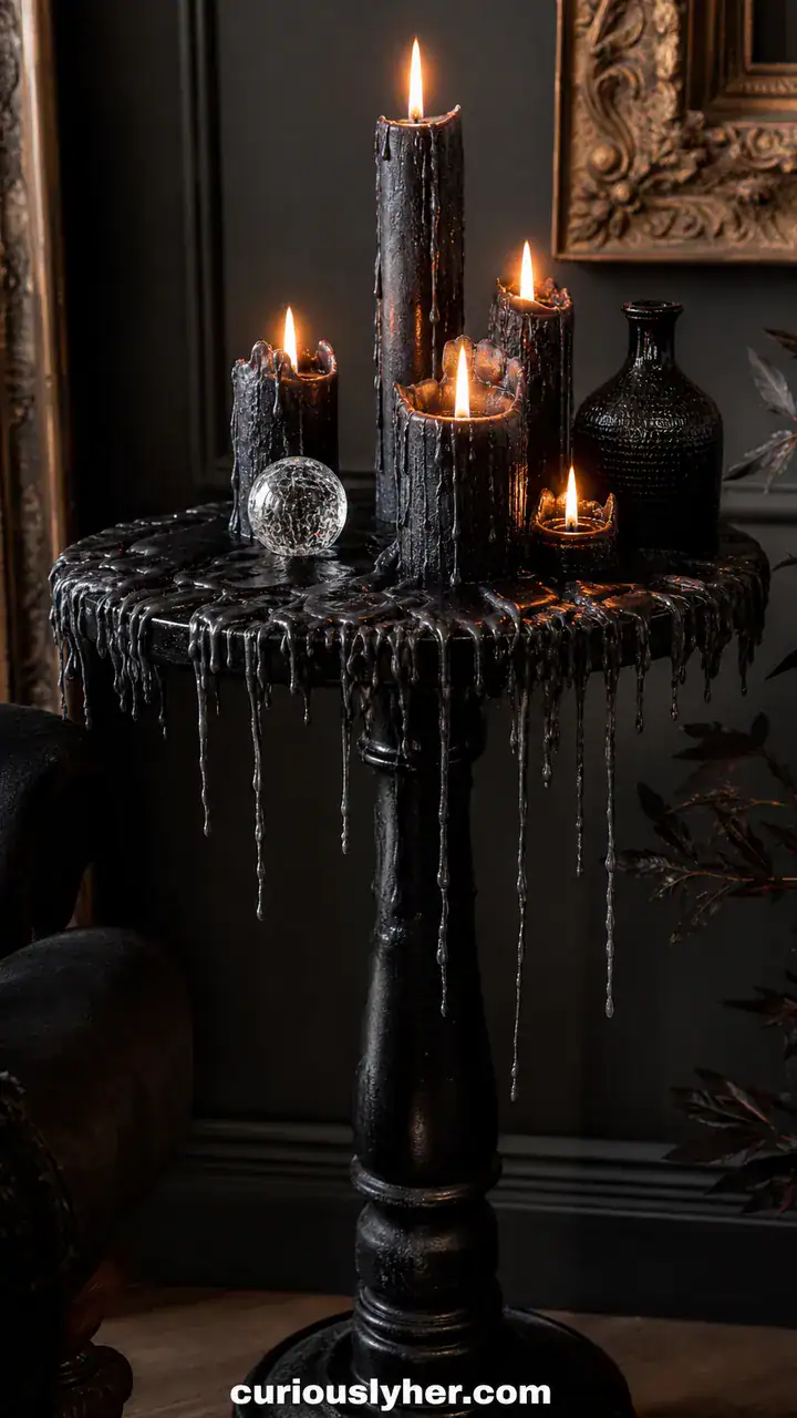 3. A Spooky Black Candle Table With Dripping Wax