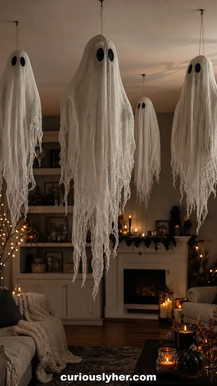 4. Creepy Cheesecloth Ghosts Floating From the Ceiling