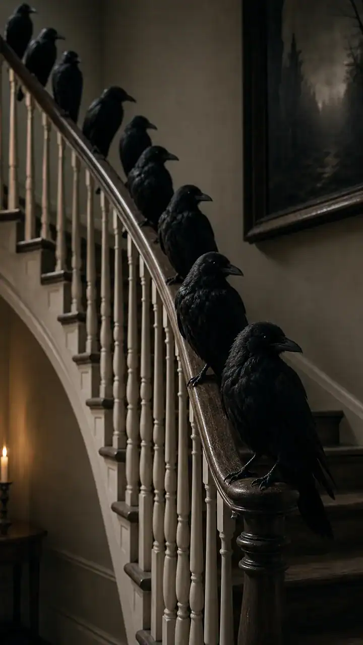 8. Spooky Crows Perched Along Your Staircase Railing