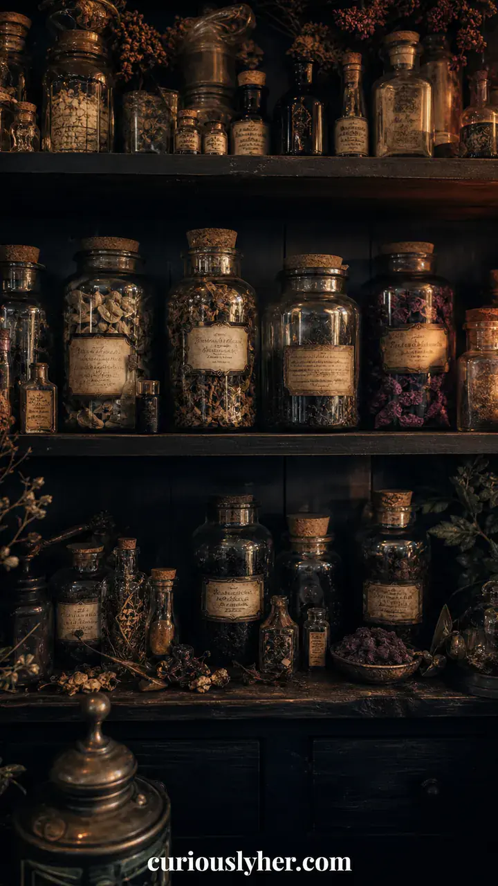 9. An Eerie Apothecary Shelf With Labeled Potion Jars