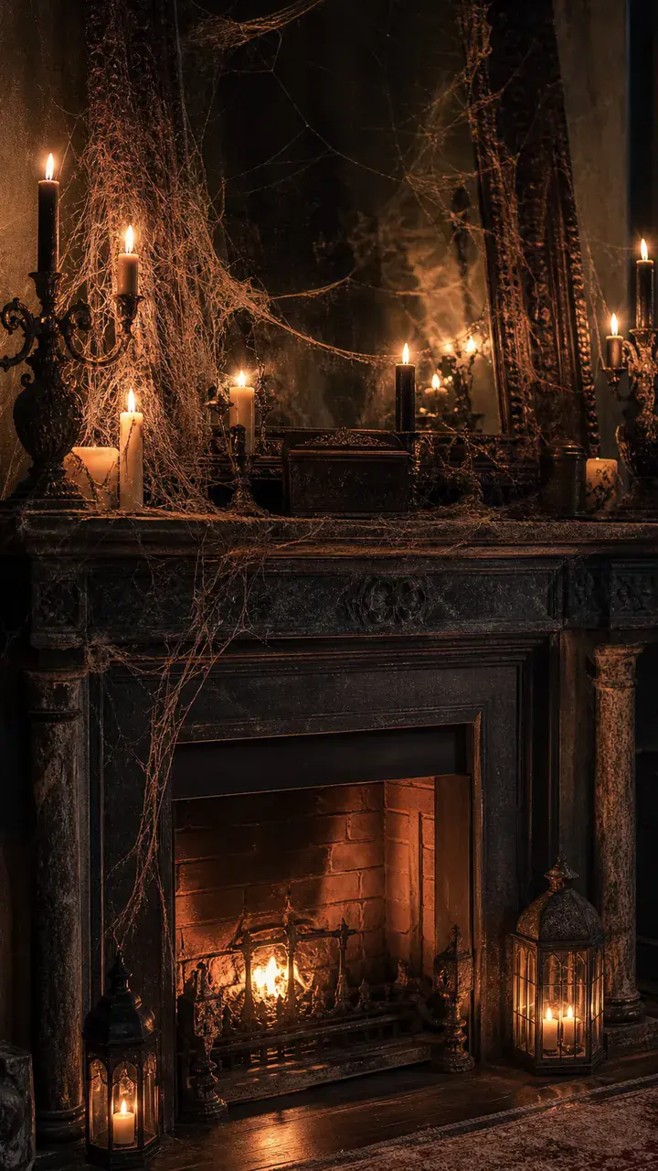 12. A Haunted Fireplace Mantel With Cobwebs and Candles