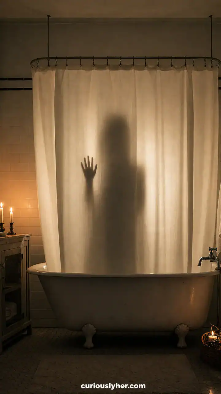 18. A Haunted Bathtub Scene With a Shadow Behind the Curtain