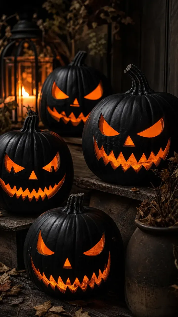 19. Spooky Black Pumpkins With Scary Carved Faces