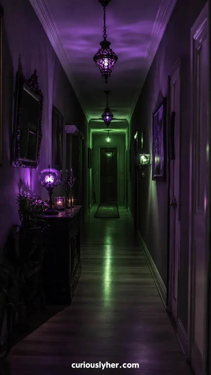 20. An Eerie Purple and Green Glow in a Dark Hallway