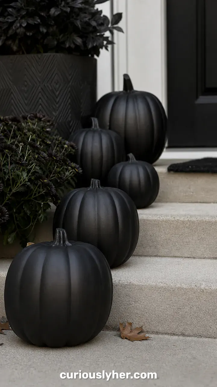 1. A Row Of Dollar Store Foam Pumpkins Spray-Painted Matte Black For The Front Steps