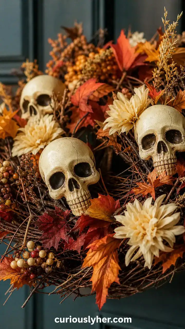 2. Cheap Plastic Skulls Painted Cream And Tucked Into A Fall Wreath