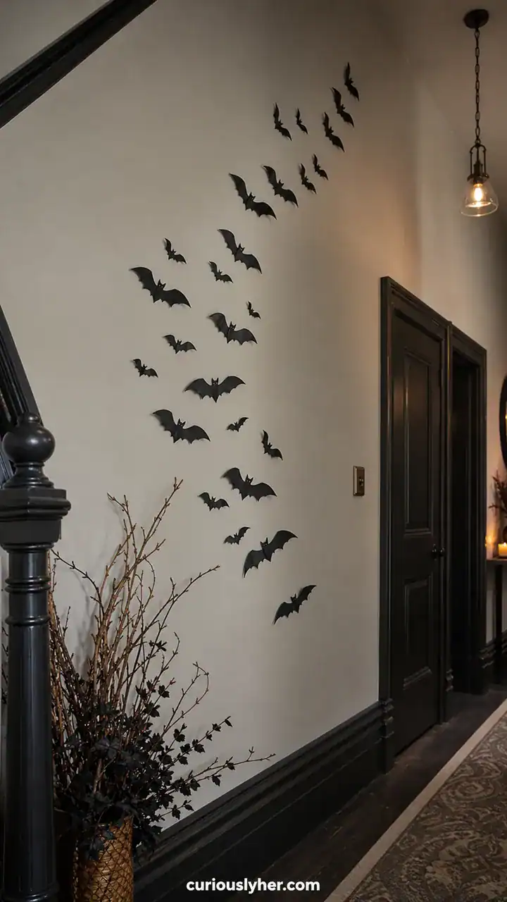 4. Budget Halloween Decor With Dollar Store Bats Swirling Up The Hallway Wall