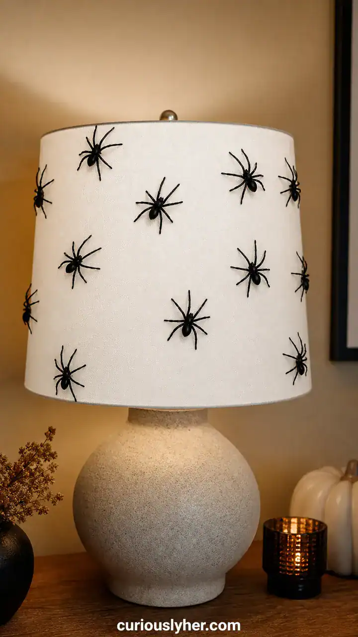 5. A Bag Of Fake Spiders Glued Onto A Plain White Lampshade