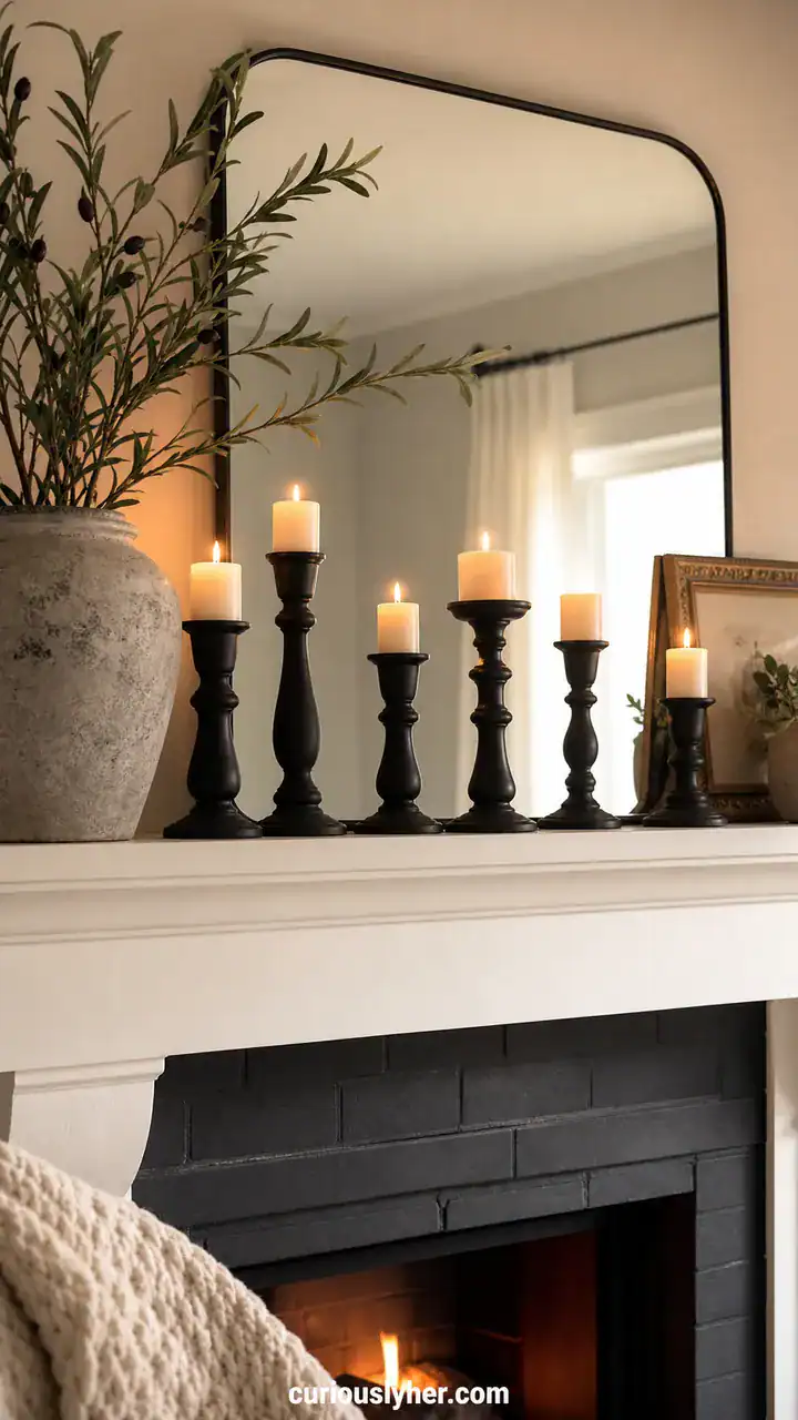 6. Dollar Store Candlesticks Painted Black And Clustered On The Mantel