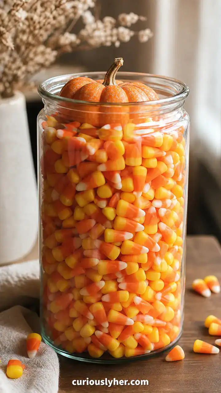 7. A Clear Jar Filled With Dollar Store Candy Corn And A Tiny Pumpkin On Top