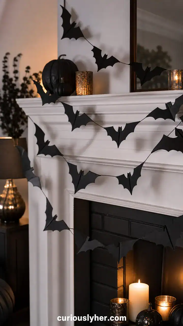 8. Simple Dollar Store Halloween Garland Made From Black Paper Bats On String