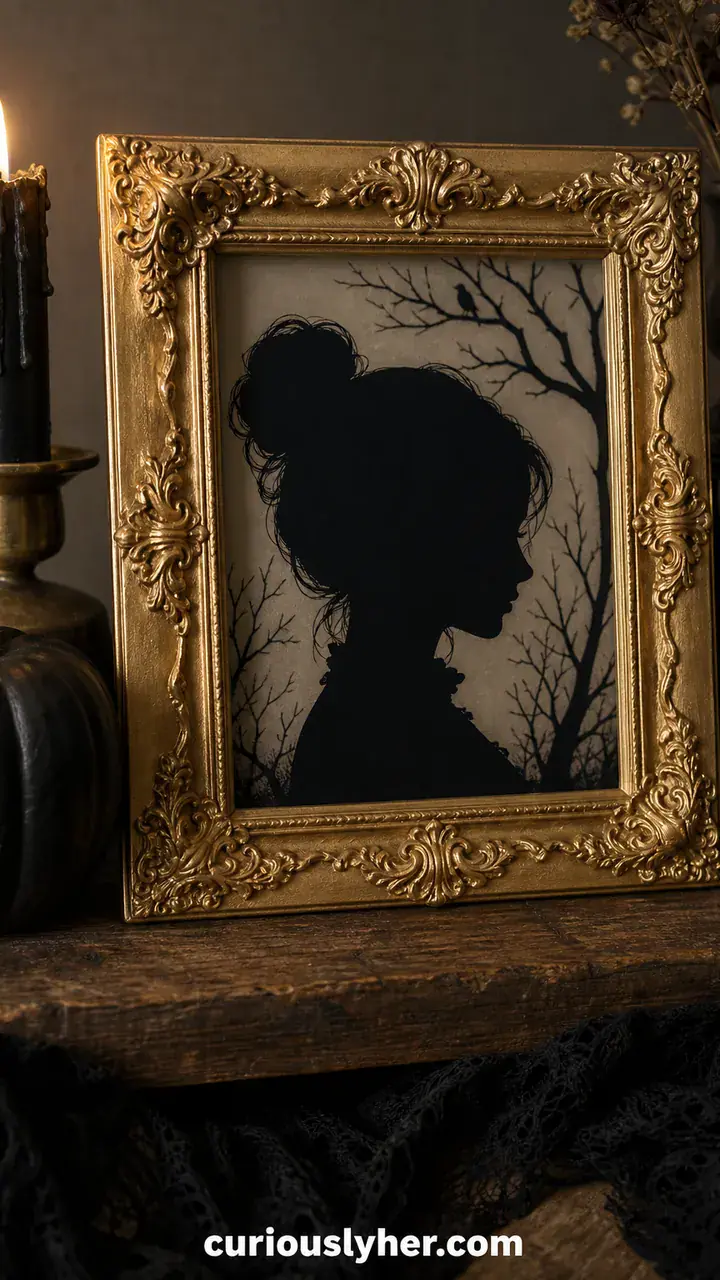 9. A Dollar Store Picture Frame Spray-Painted Gold With A Spooky Silhouette Inside