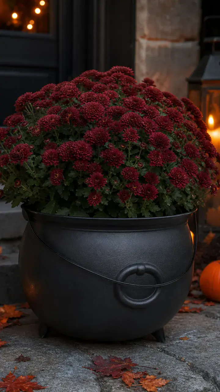 10. Cheap Plastic Cauldron Turned Into A Pretty Planter Full Of Dark Mums