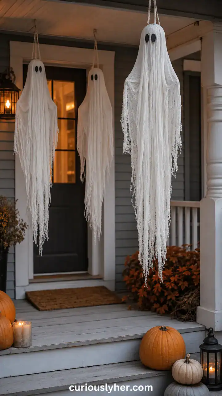 12. Budget-Friendly Halloween Decor With Dollar Store Cheesecloth Ghosts Hanging From The Porch