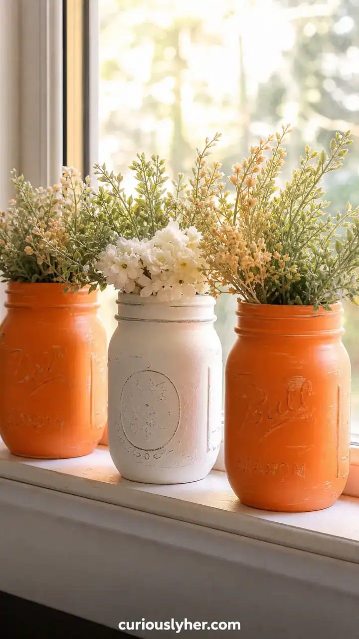 13. A Set Of Dollar Store Mason Jars Painted Orange And White For The Windowsill