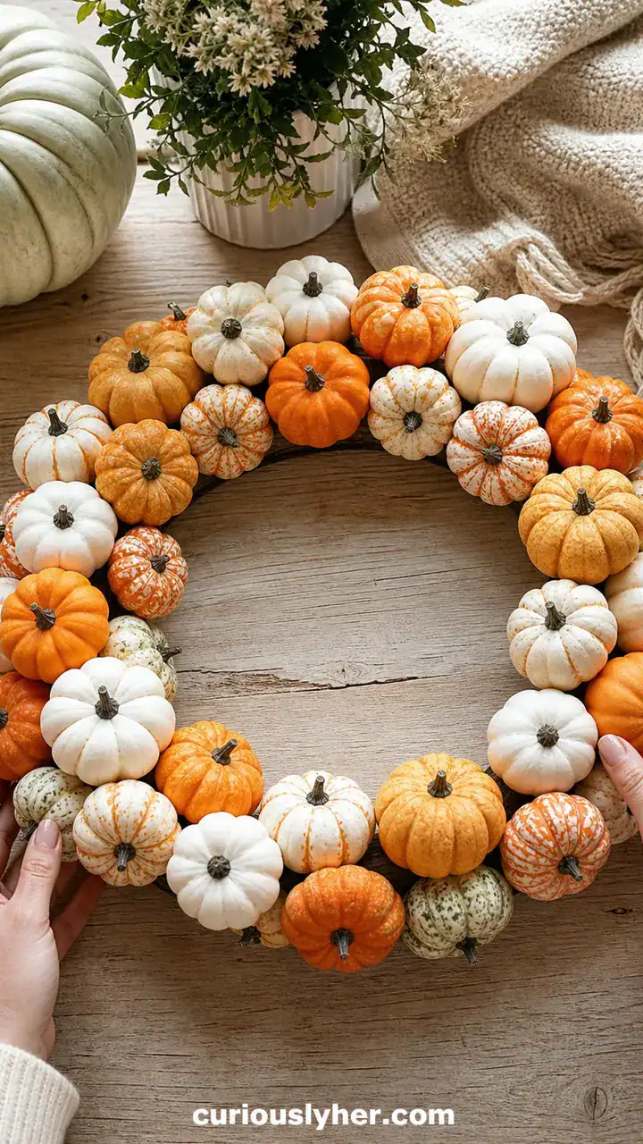 14. Dollar Store Mini Pumpkins Glued Onto A Plain Wreath Form