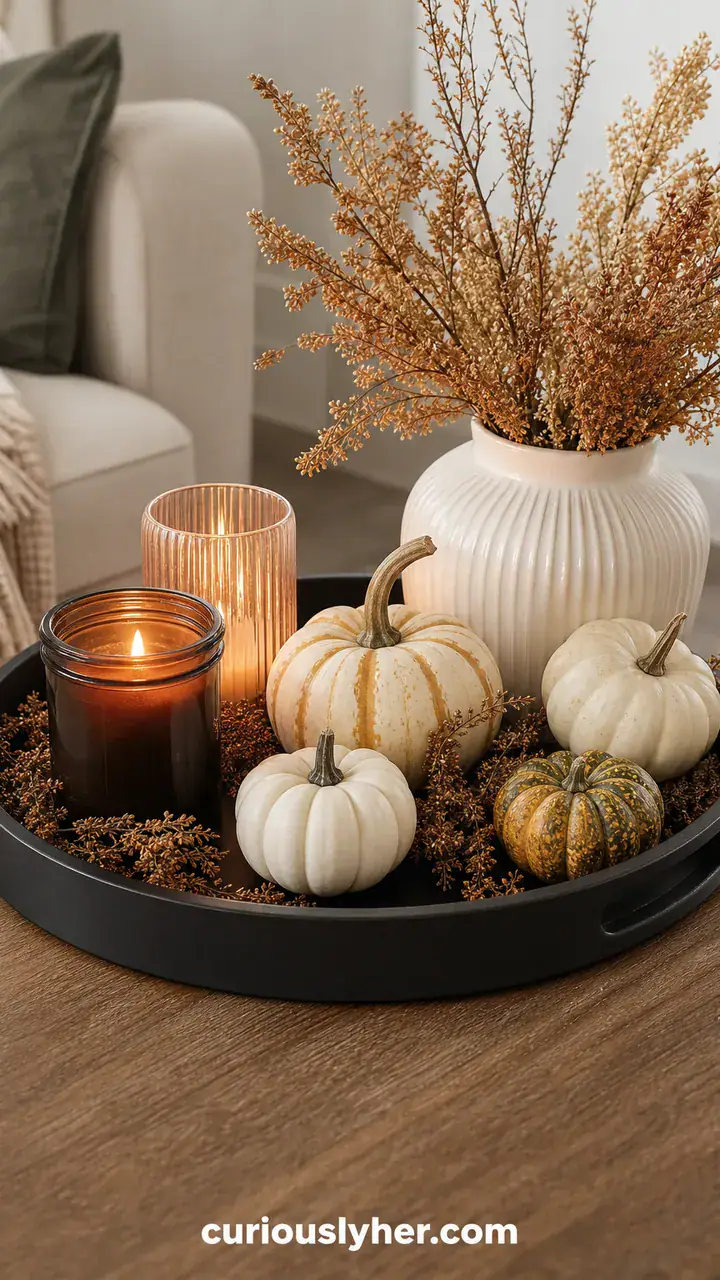 15. A Dollar Store Serving Tray Painted Black And Styled With Candles And Gourds