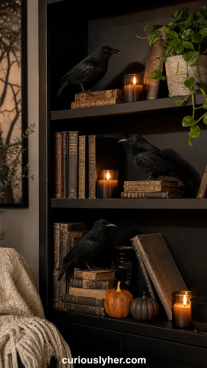 16. Cheap Halloween DIY With Dollar Store Fake Crows Perched On The Bookshelf