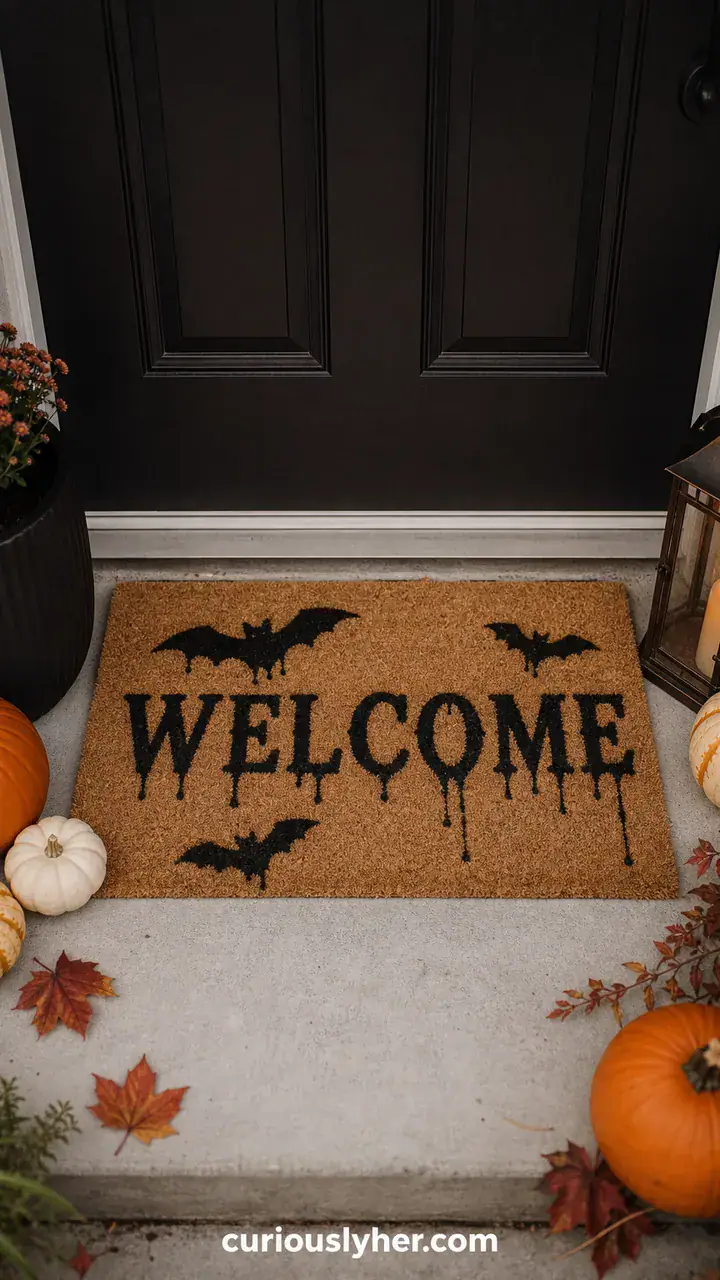 17. A Dollar Store Doormat Stamped With A Spooky Welcome In Black Paint