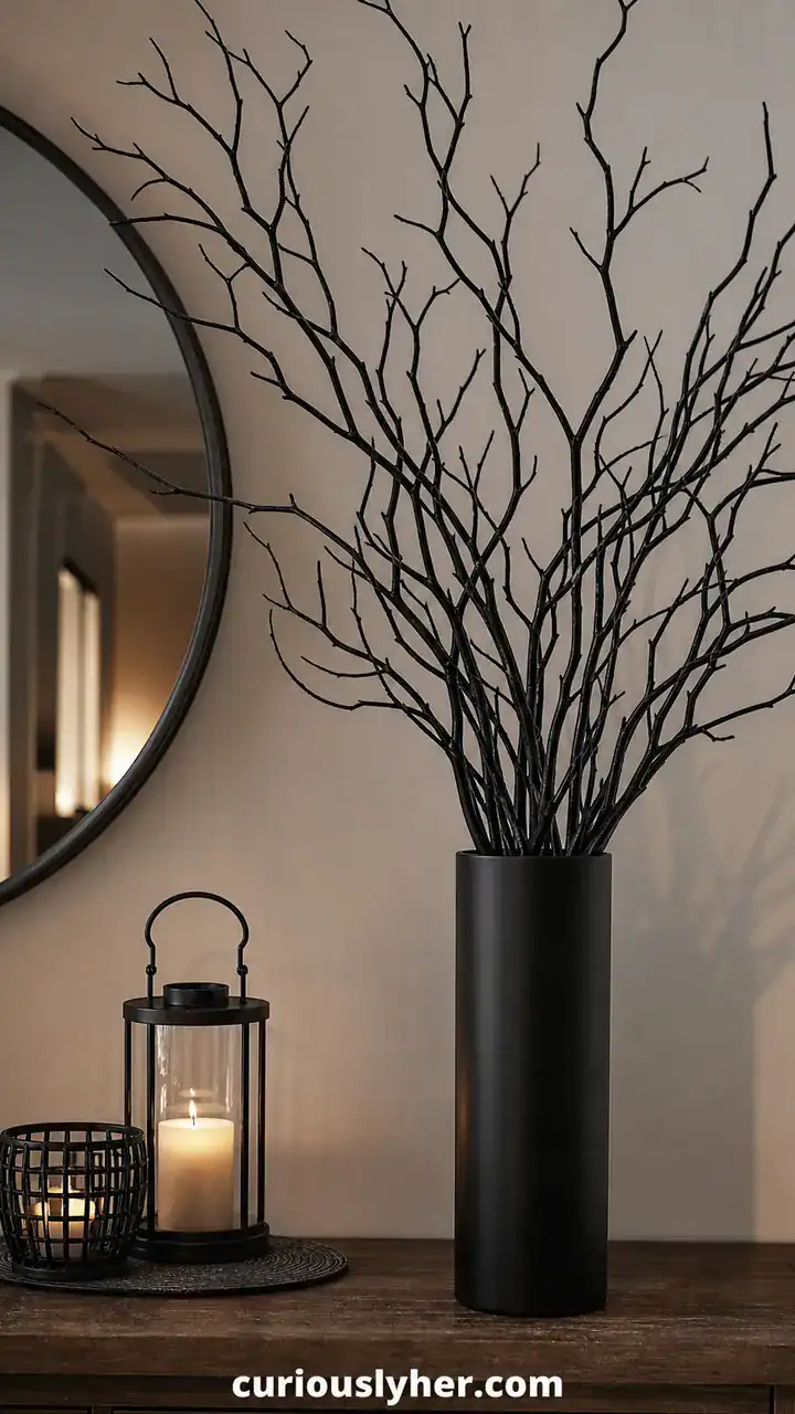 20. Thrifty Halloween Decor With Dollar Store Twigs Spray-Painted Black In A Tall Vase