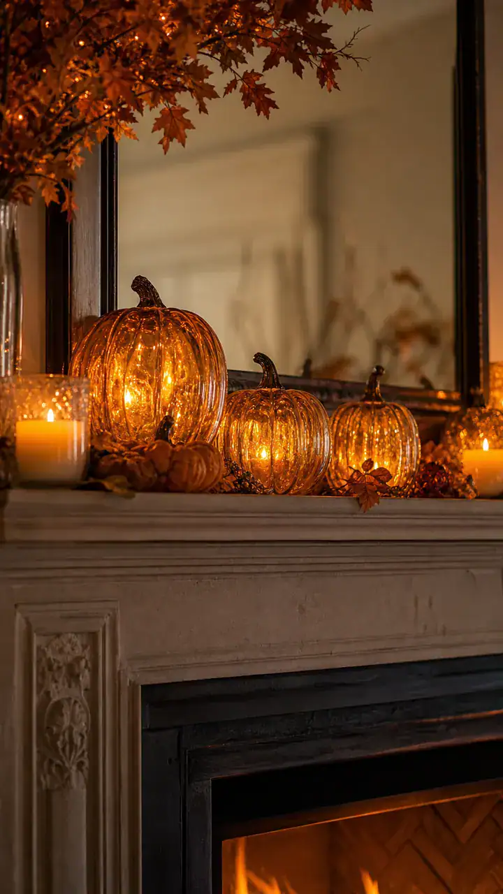 1. Amber Pumpkins Glowing On A Fall Mantel