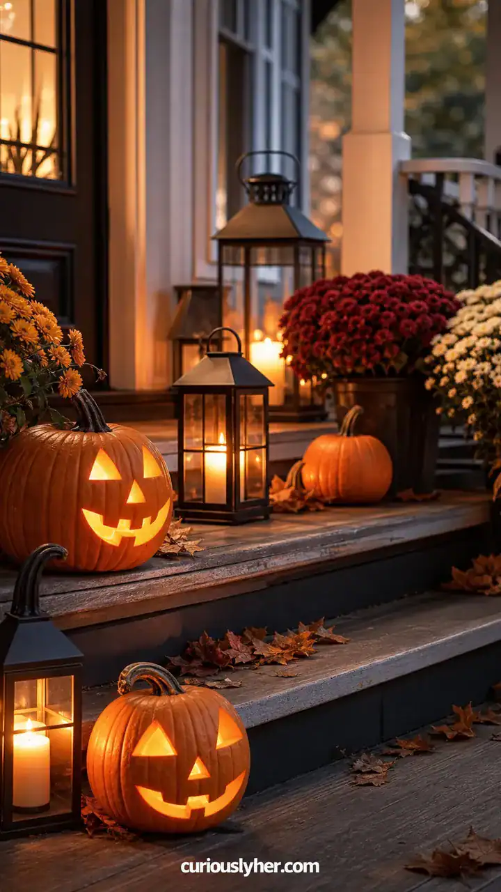 7. A Fall Porch With Lanterns And Carved Pumpkins