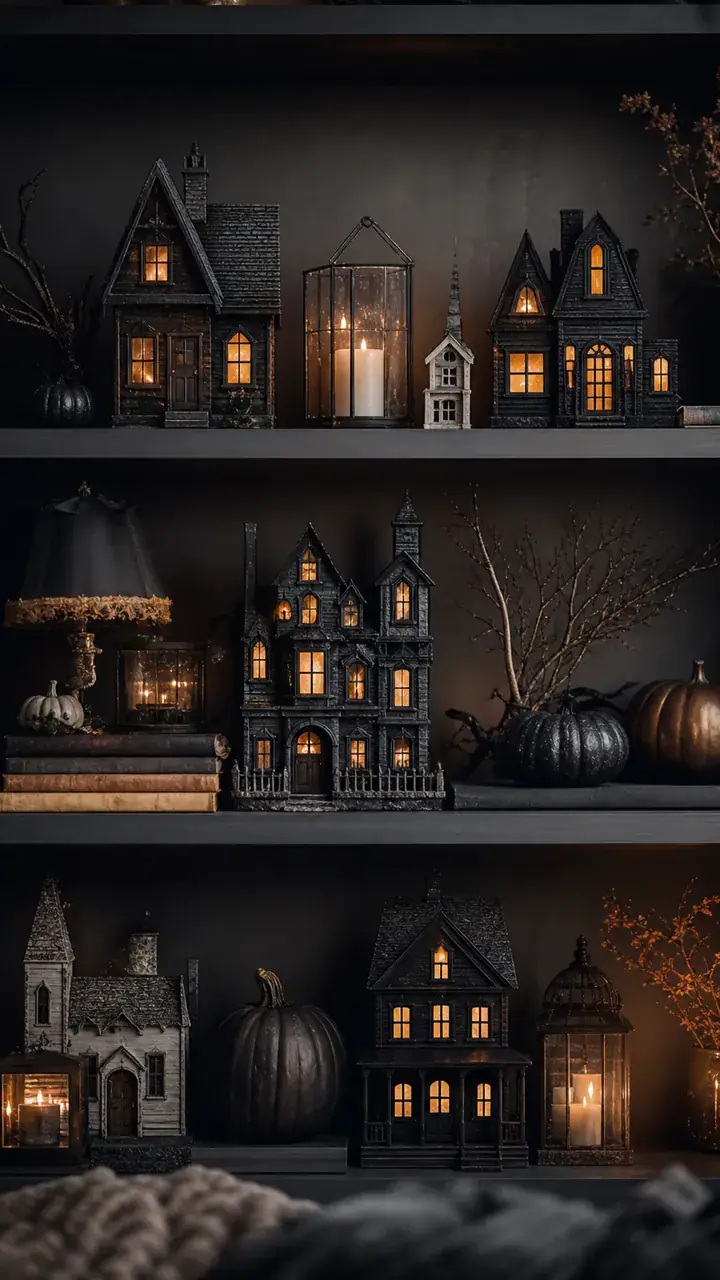 8. A Moody Halloween Shelf With Tiny Haunted Houses