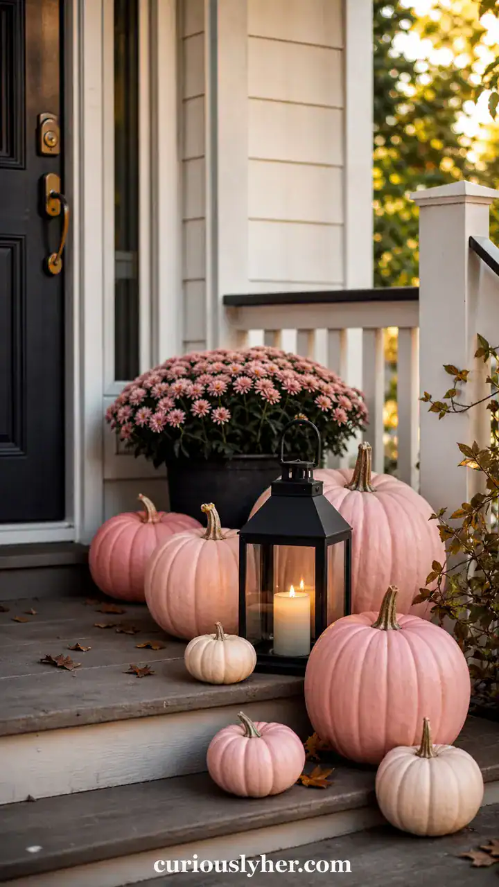 1. A Front Porch Lined With Soft Pink Pumpkins And One Black Lantern