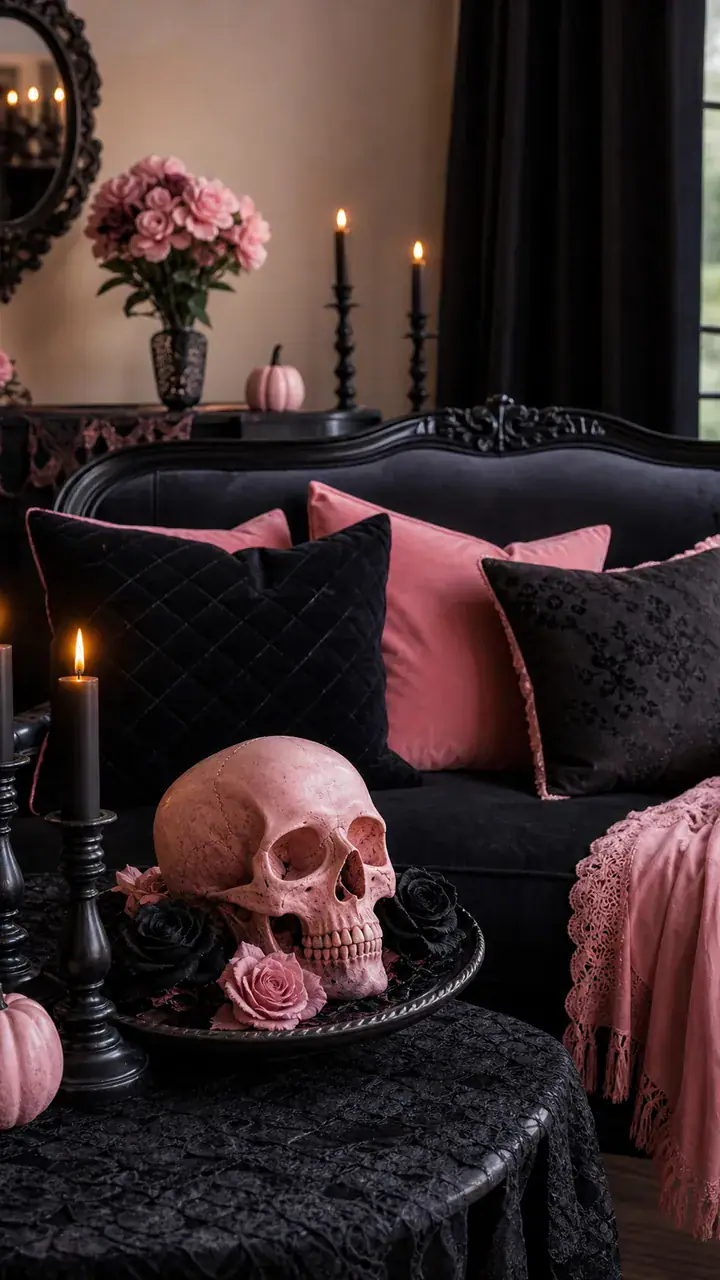 2. Pink And Black Halloween Styling In The Living Room With Velvet Pillows And A Skull