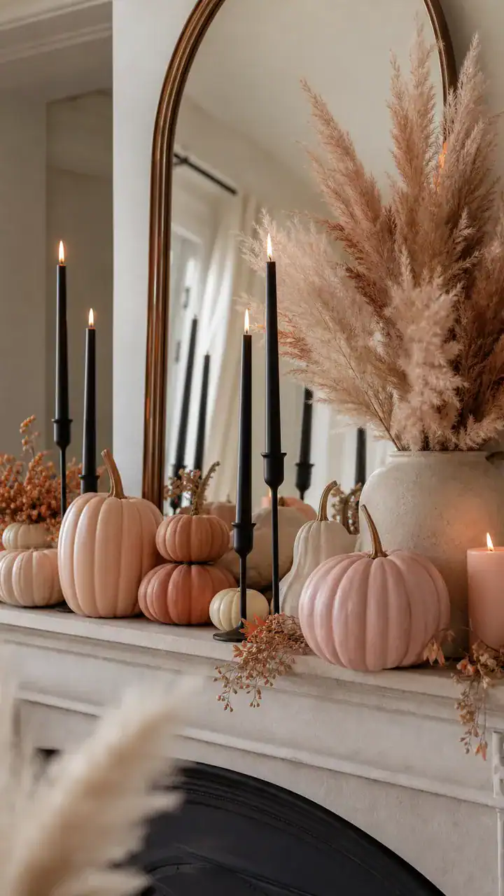 3. A Mantel Full Of Blush Pumpkins, Dried Pampas Grass, And Black Taper Candles