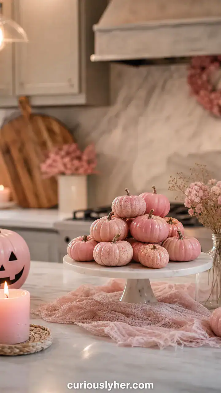 4. Pastel Pink Halloween Touches For The Kitchen With A Cake Stand Of Tiny Pink Gourds