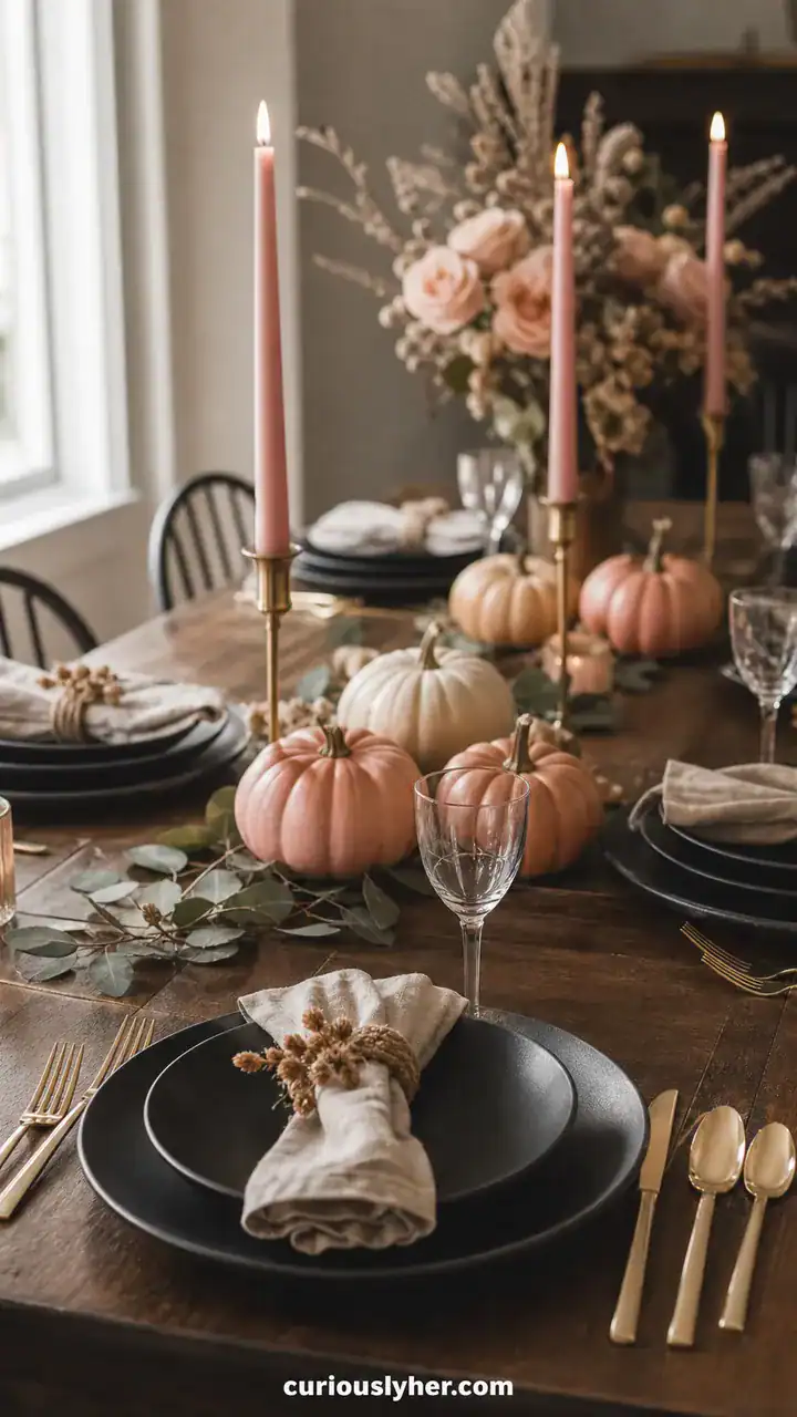 5. A Dining Table With Pink Candlesticks, Black Plates, And A Row Of Mini Pumpkins