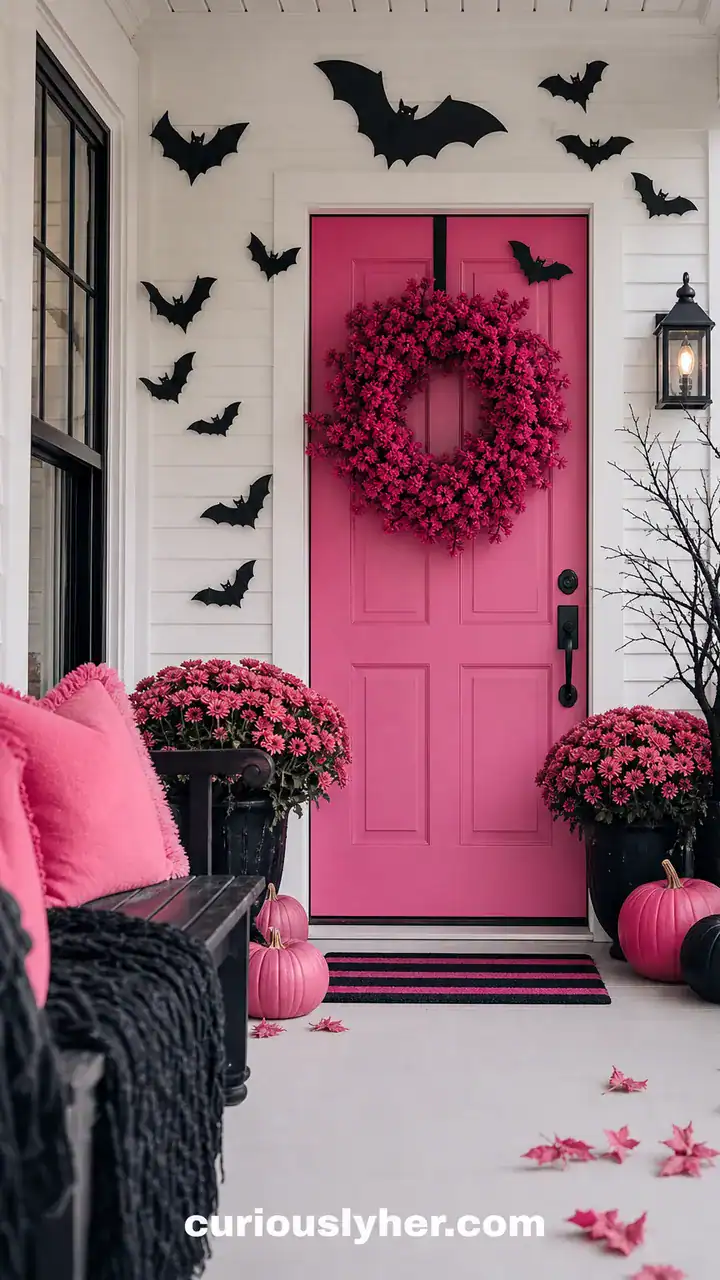 6. Hot Pink Halloween Decor For A Bold Entryway With A Pink Door Wreath And Black Bats